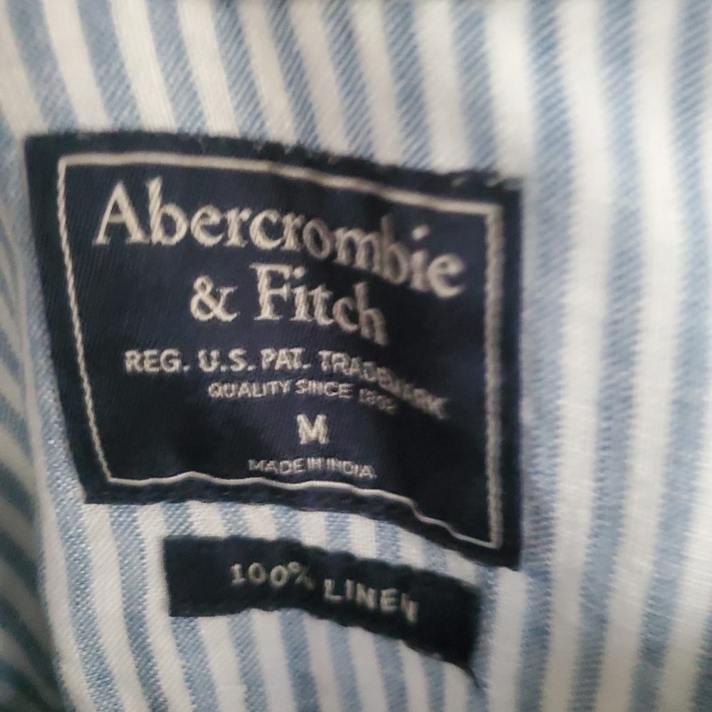 Abercrombie & Fitch 100% Linen Men's Light Blue Striped Button Down Shirt, SZ M - Picture 4 of 6